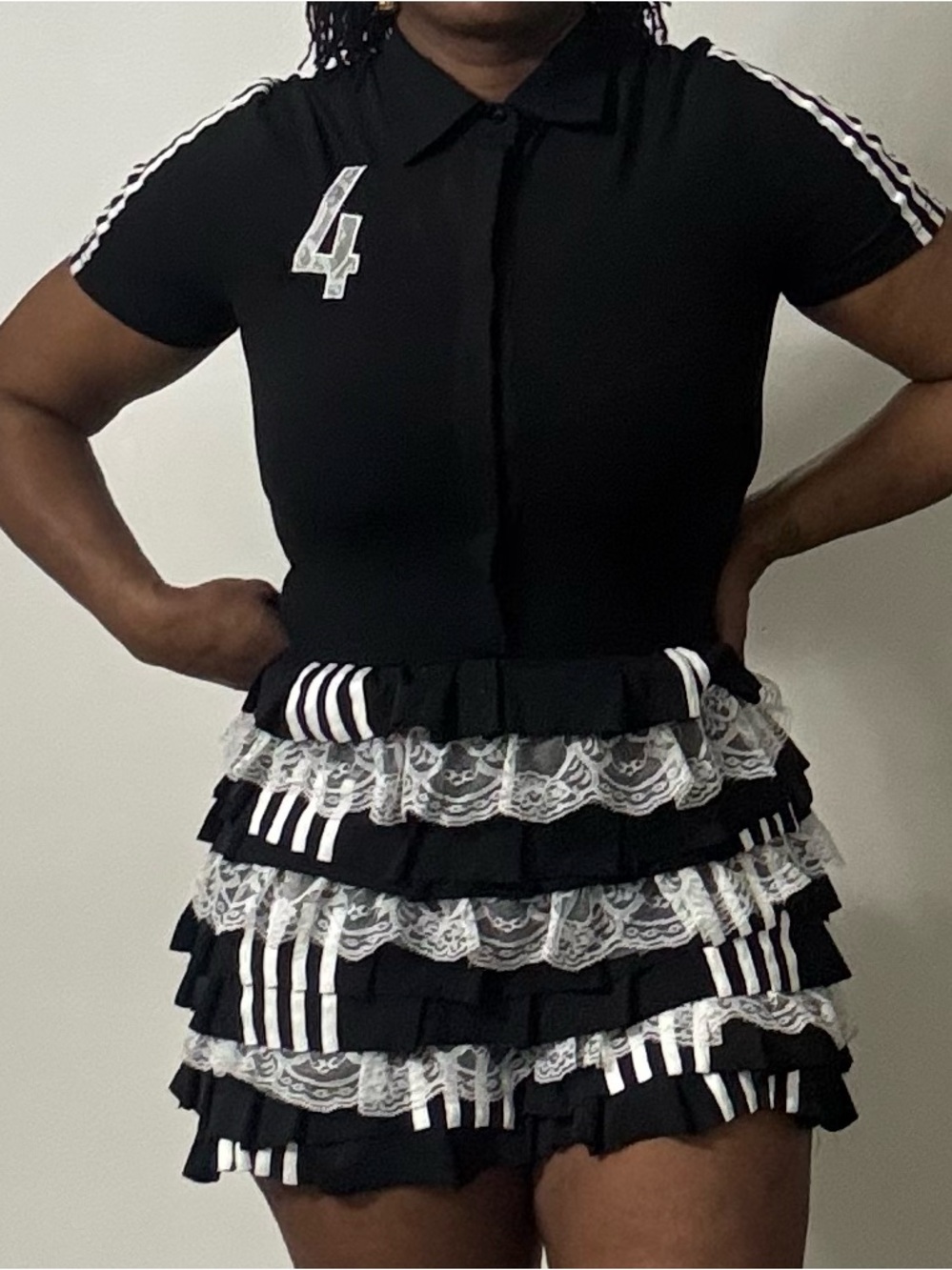 AKIRA Black and White Ruffled Lace Polo Romper